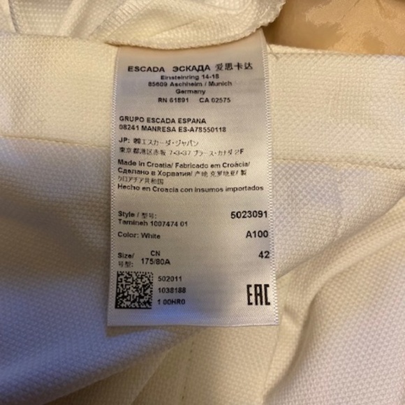 Escada Tamineh Straight-Leg White Cotton Pants Size EU 42/ US L - Picture 8 of 10